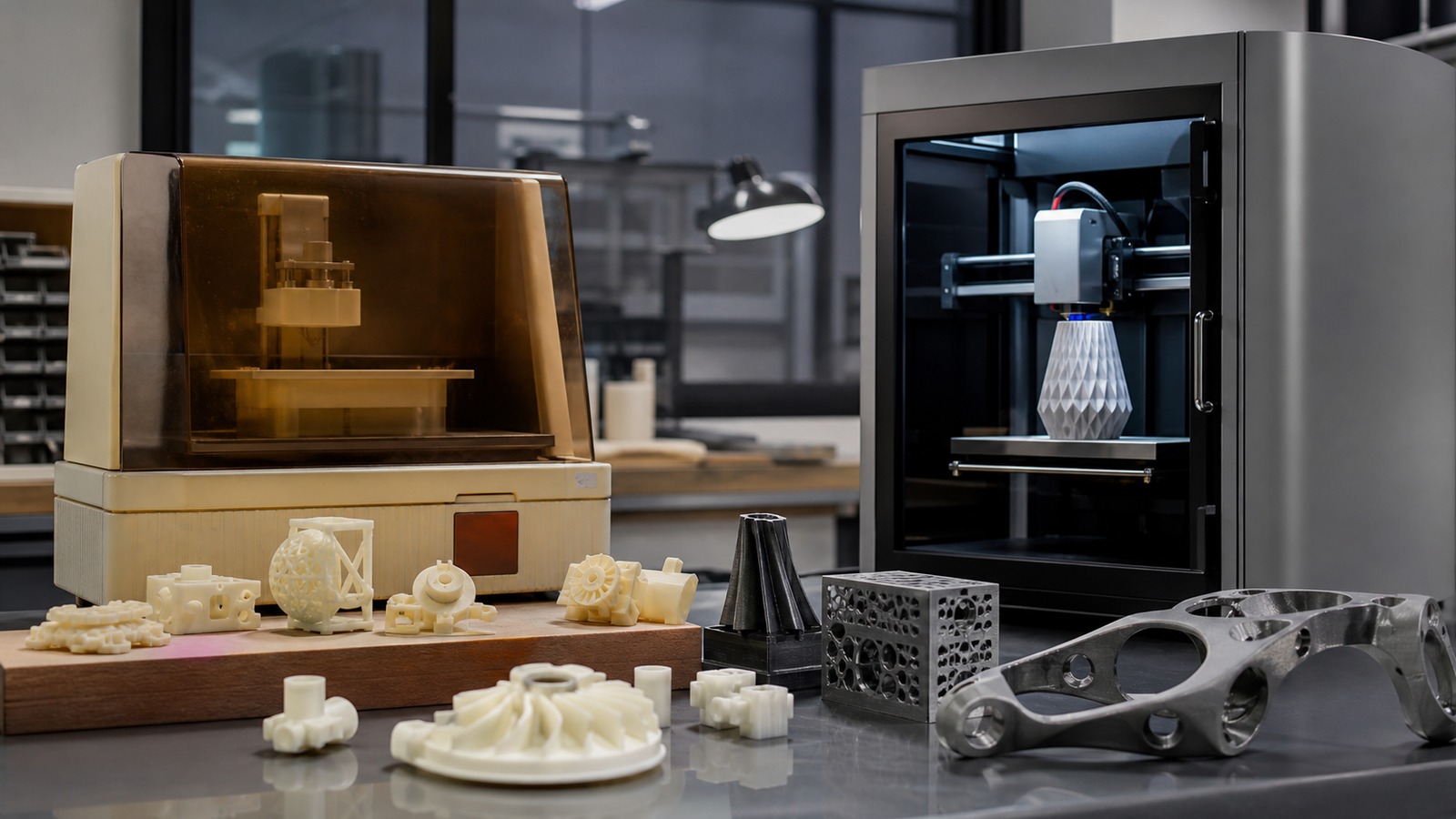 Photorealistic 3D printing scene for The Evolution of 3D Printing Technology: 1980s to Today