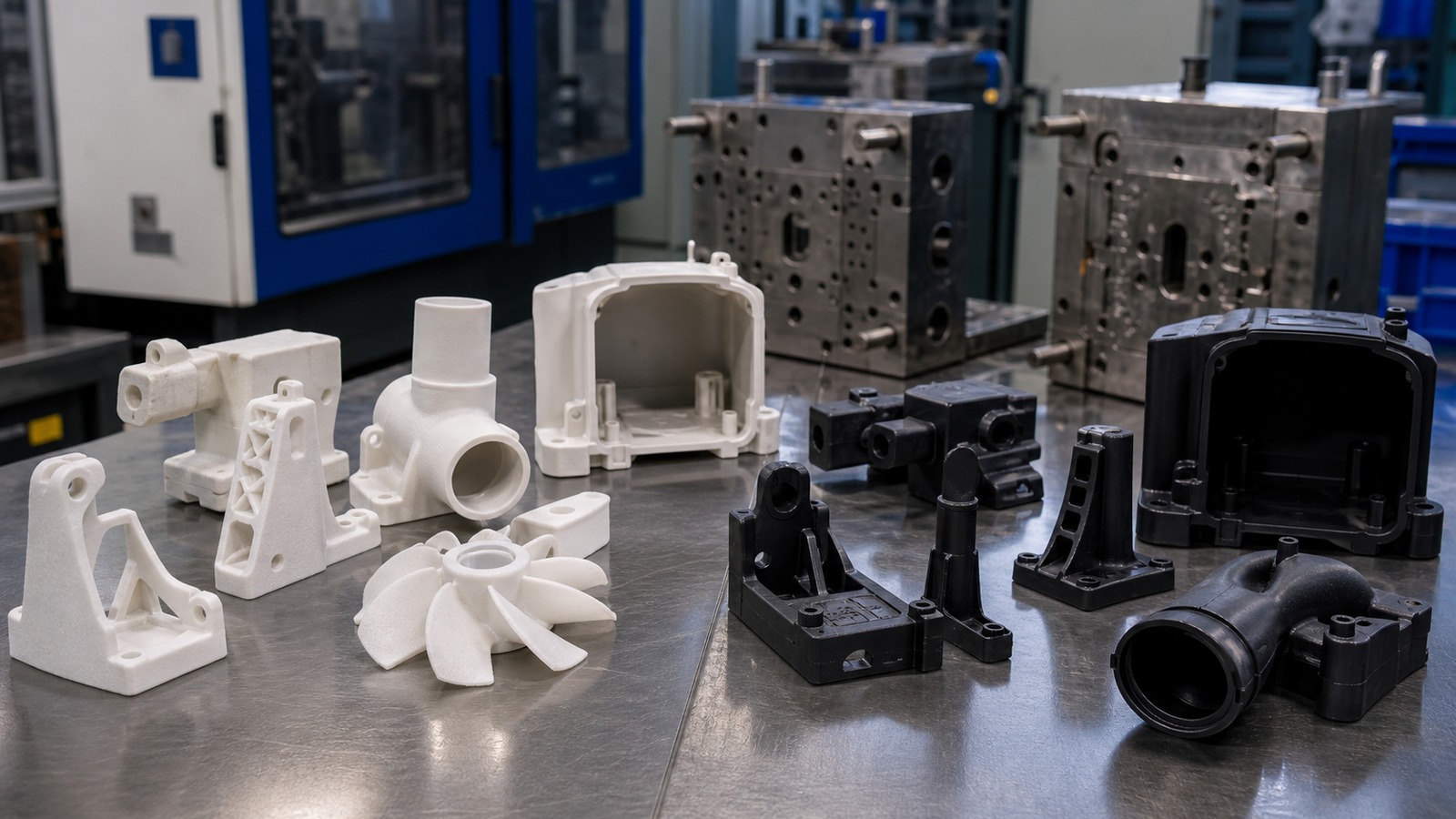 Photorealistic 3D printing scene for SLS vs Injection Molding for Production Parts