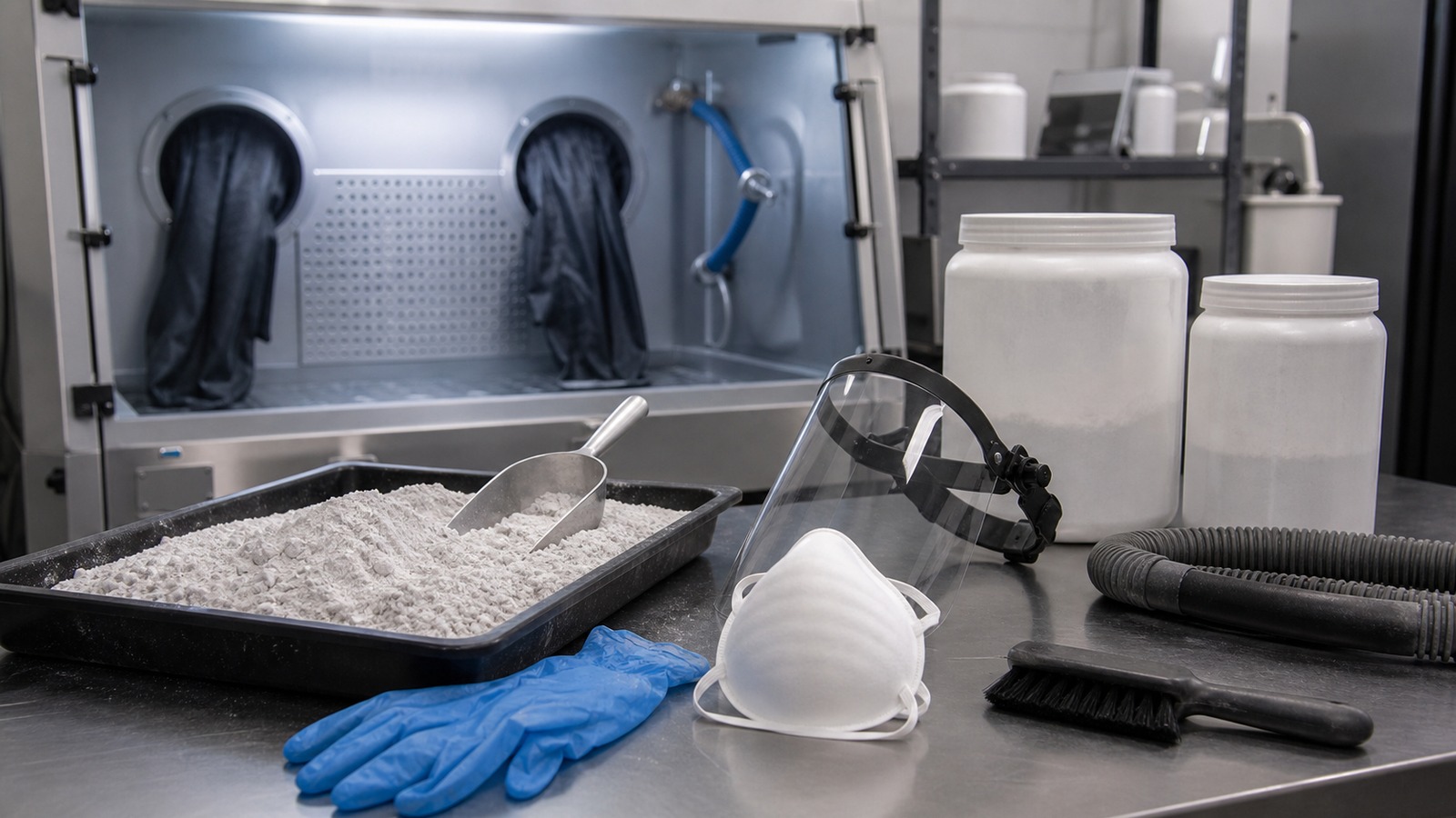 Photorealistic 3D printing scene for SLS 3D Printing Safety Tips and Powder Handling Guide