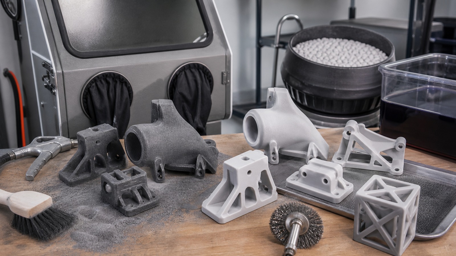 Photorealistic 3D printing scene for SLS 3D Printing Post-Processing Methods Explained