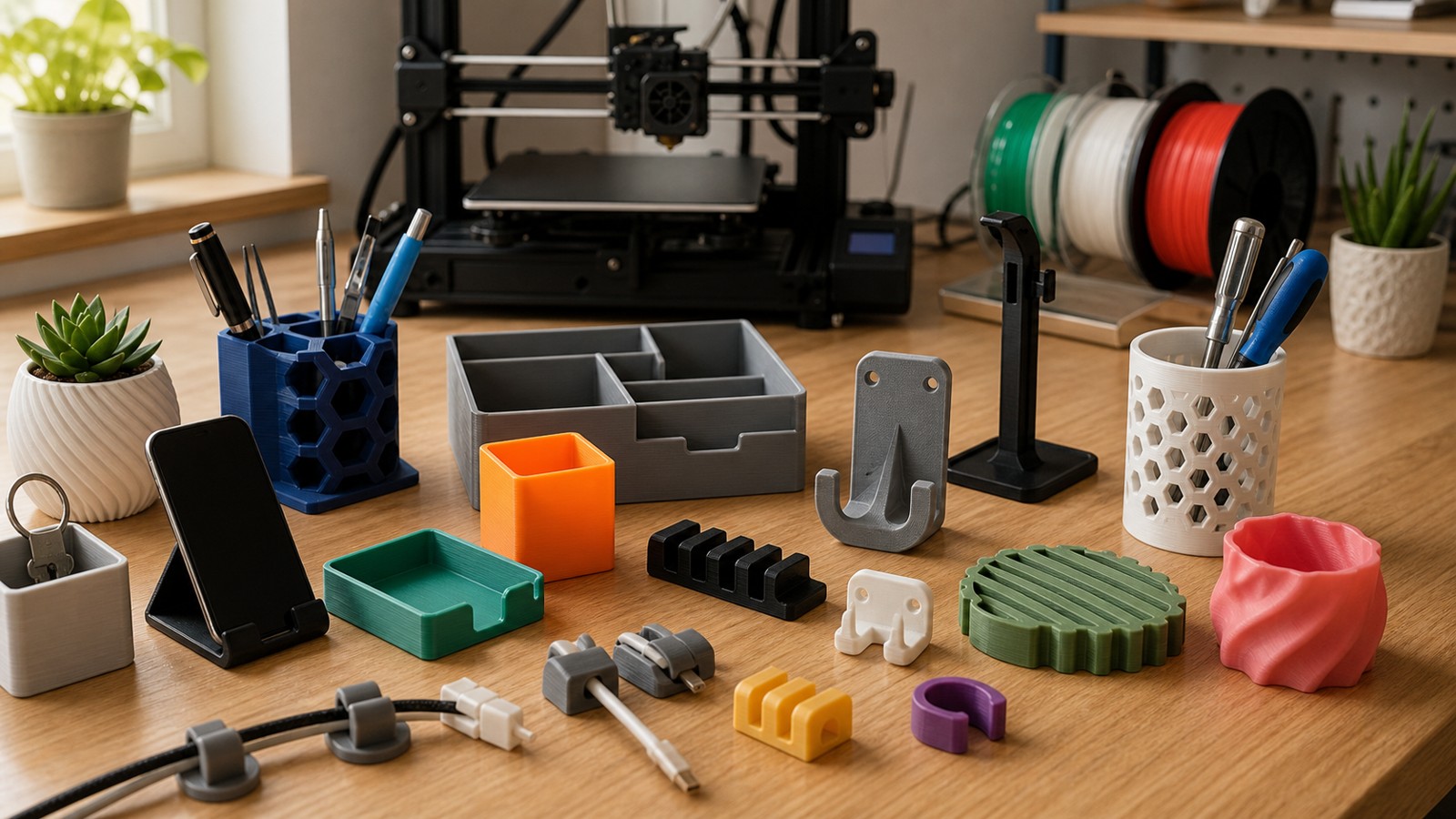 3D printing workspace scene for 20 Useful Things to 3D Print as a Beginner