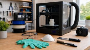3D printing workspace scene for 3D Printer Safety: Essential Tips Every Beginner Should Know