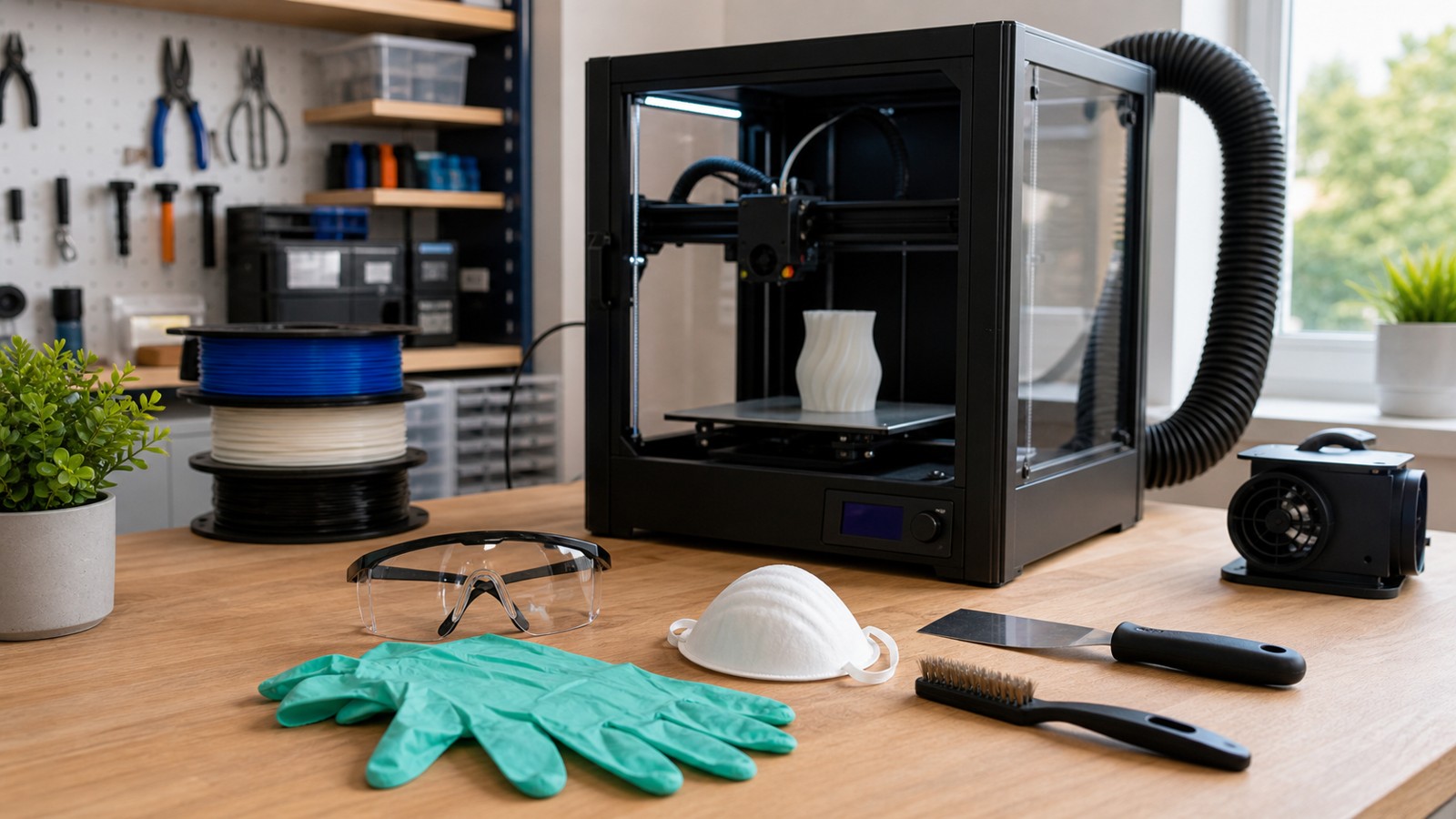 3D printing workspace scene for 3D Printer Safety: Essential Tips Every Beginner Should Know