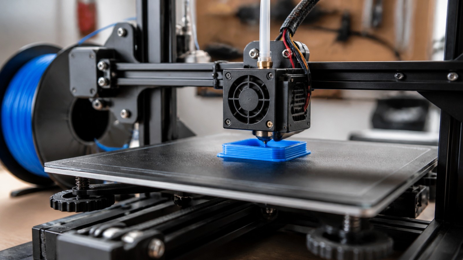 3D printing workspace scene for A Simple Timeline of 3D Printing History for Beginners