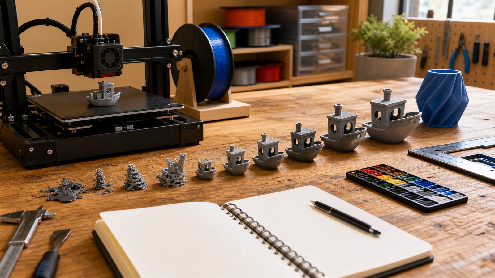 3D printing workspace scene for Early 3D Printing Technologies Explained (SLA, SLS, and FDM Origins)