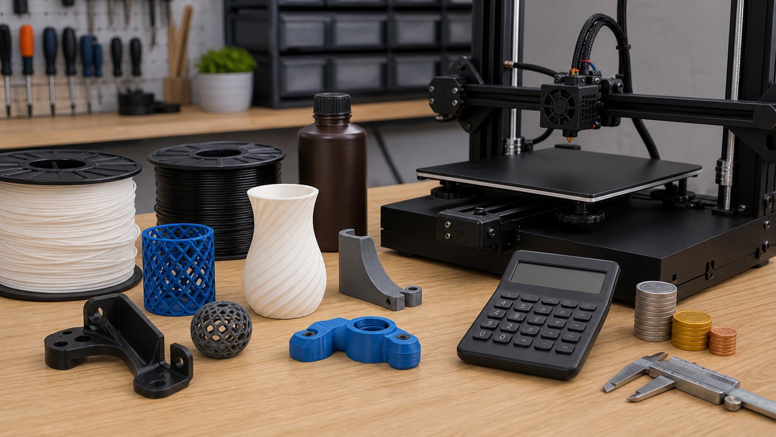 3D printing workspace scene for How Much Does 3D Printing Cost? A Complete Beginner's Guide