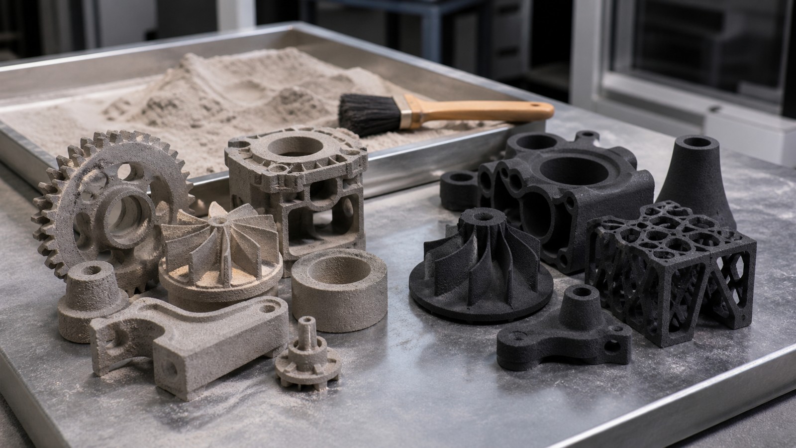 3D printing workspace scene for Binder Jetting vs SLS: Which Powder-Based 3D Printing Technology Is Better?