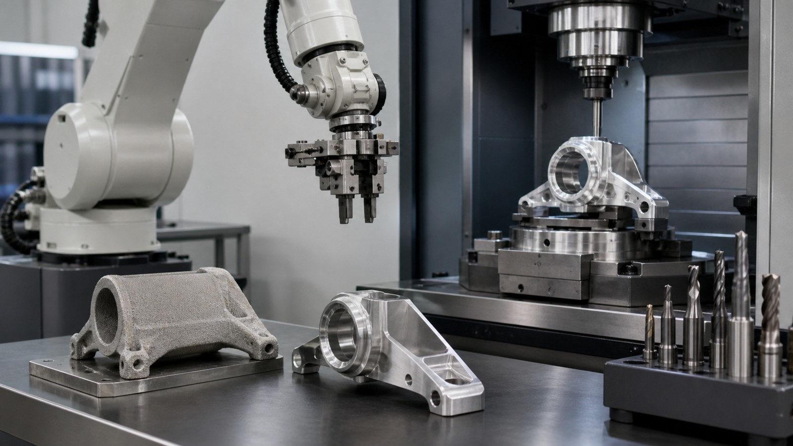 3D printing workspace scene for What Is Hybrid Manufacturing? A Complete Beginner's Guide