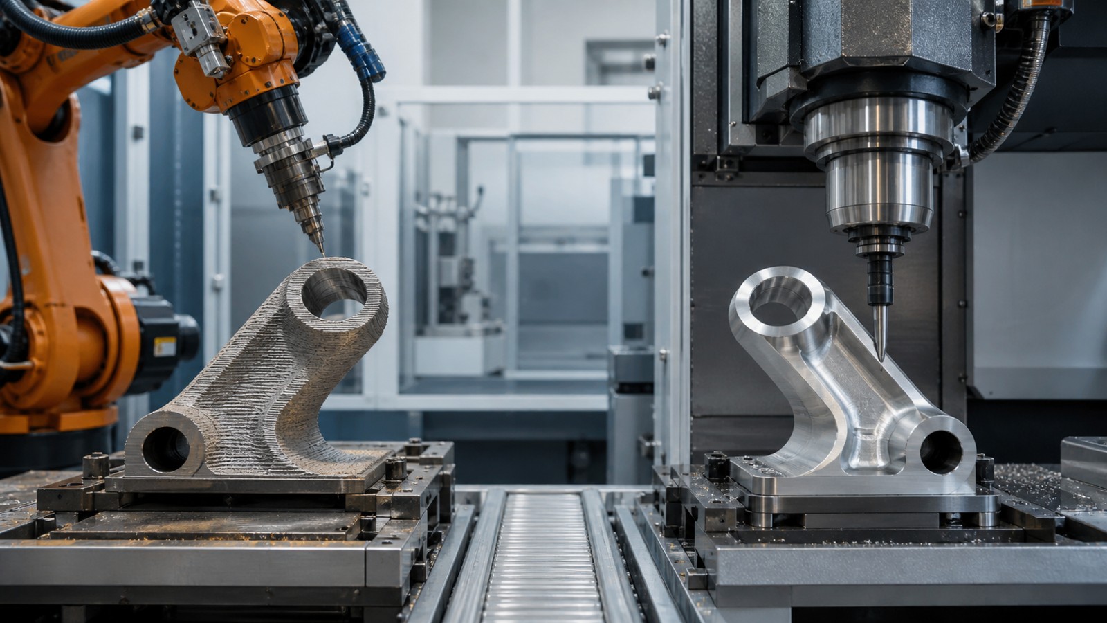 3D printing workspace scene for Hybrid Manufacturing vs Traditional Manufacturing: What's the Difference?