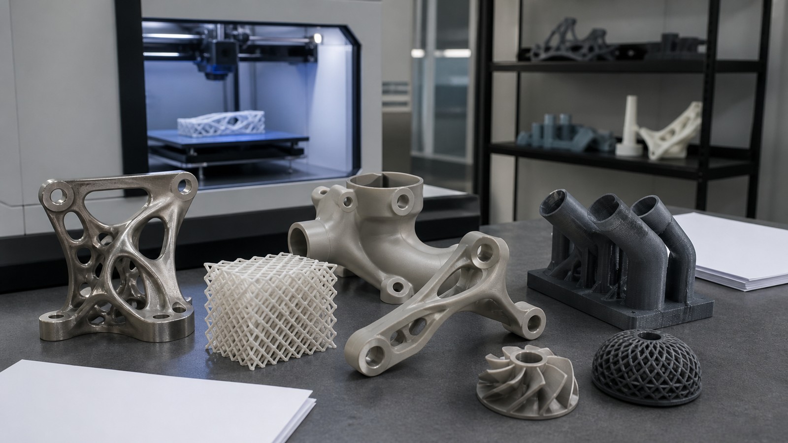 3D printing workspace scene for What Is Design for Additive Manufacturing (DfAM)? A Complete Beginner's Guide